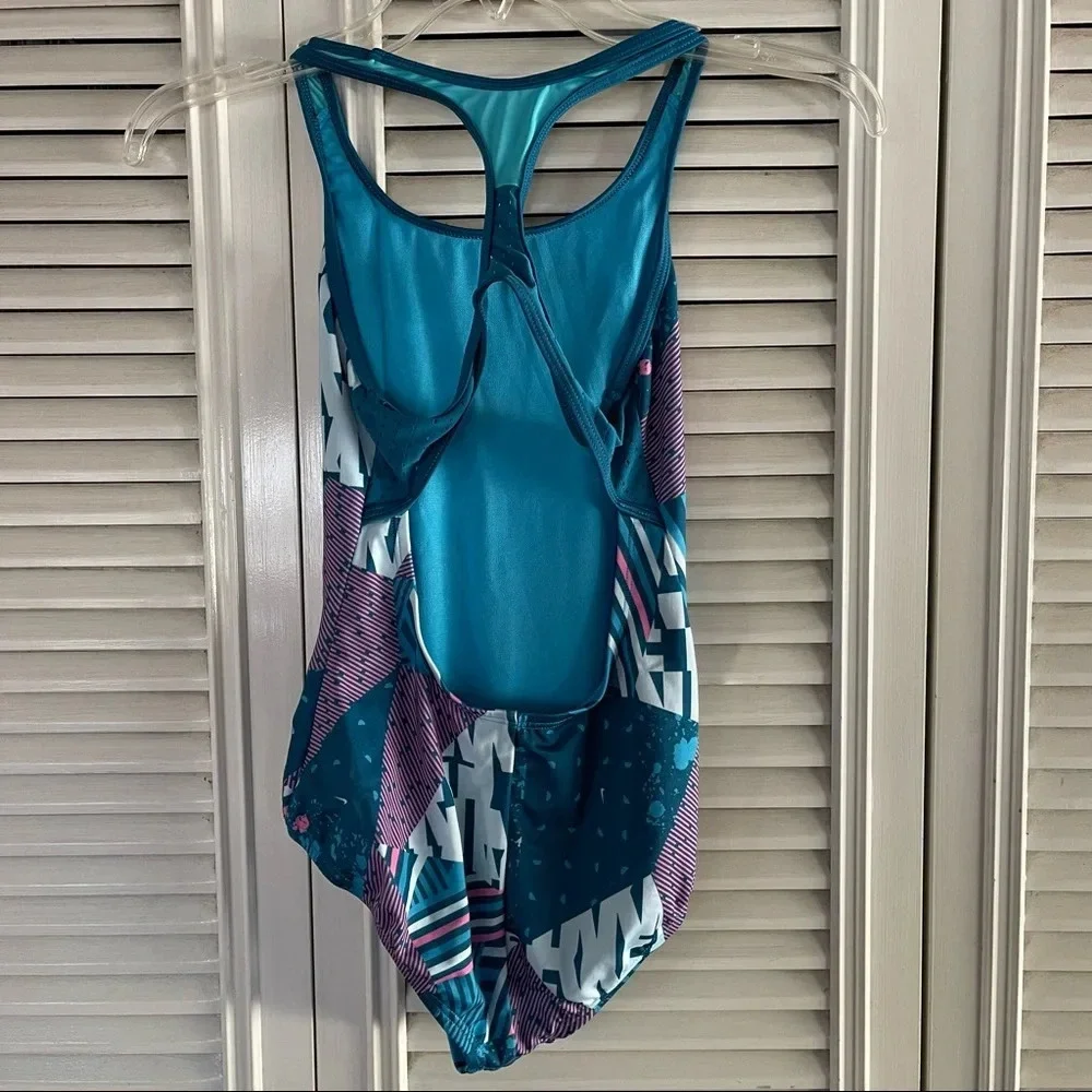 Nike Swimwear Girls Blue Mash Up Sporty Racerback One-Piece Swimsuit Sz 10-12